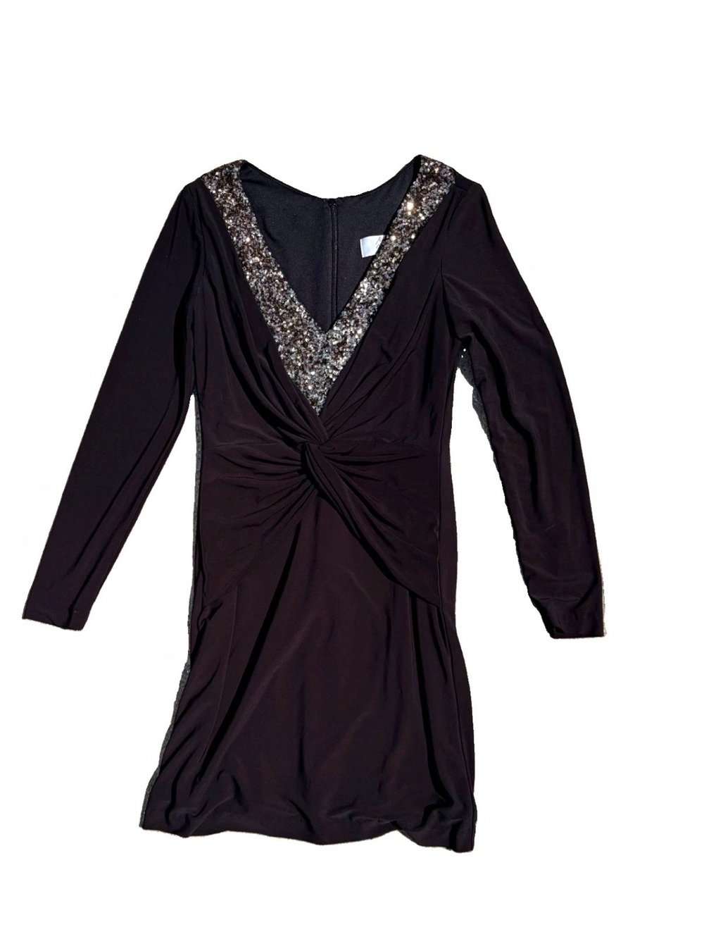 Badgley Mischka Black Long-Sleeve V-Neck Sequin Trim Twist Dress